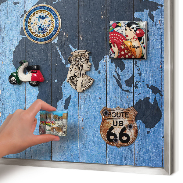 Tableau magnétique décoratif avec cadre argenté Carte du monde