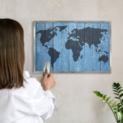 Tableau magnétique décoratif avec cadre argenté Carte du monde