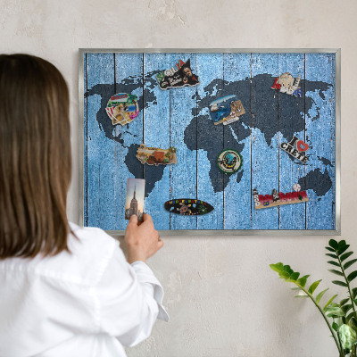 Tableau magnétique décoratif avec cadre argenté Carte du monde