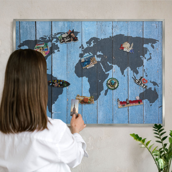 Tableau magnétique décoratif avec cadre argenté Carte du monde