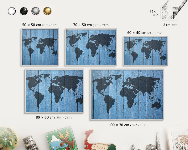 Tableau magnétique décoratif avec cadre argenté Carte du monde