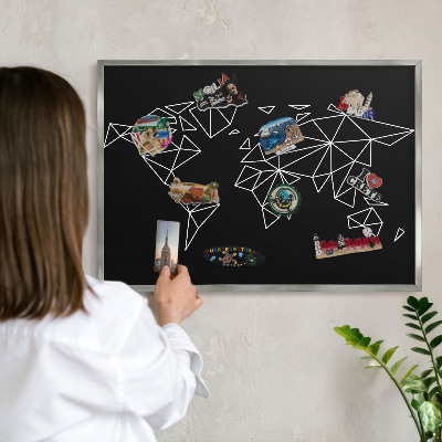 Tableau magnétique décoratif avec cadre argenté Carte du monde