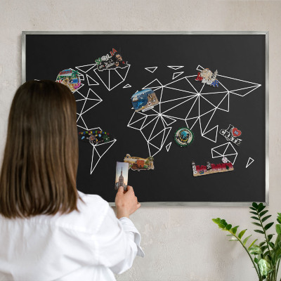 Tableau magnétique décoratif avec cadre argenté Carte du monde