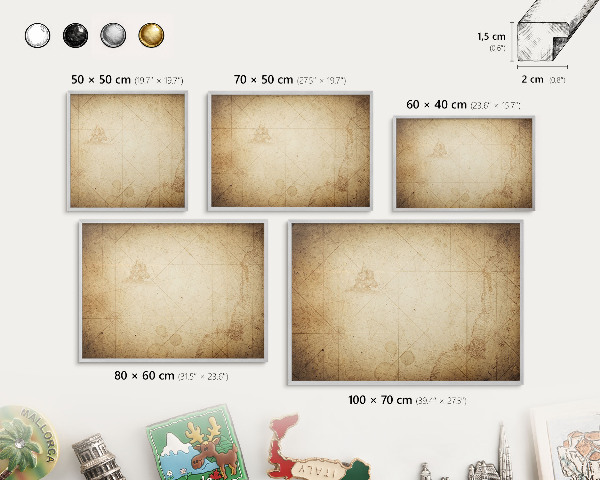Tableau magnétique décoratif avec cadre argenté Carte ancienne