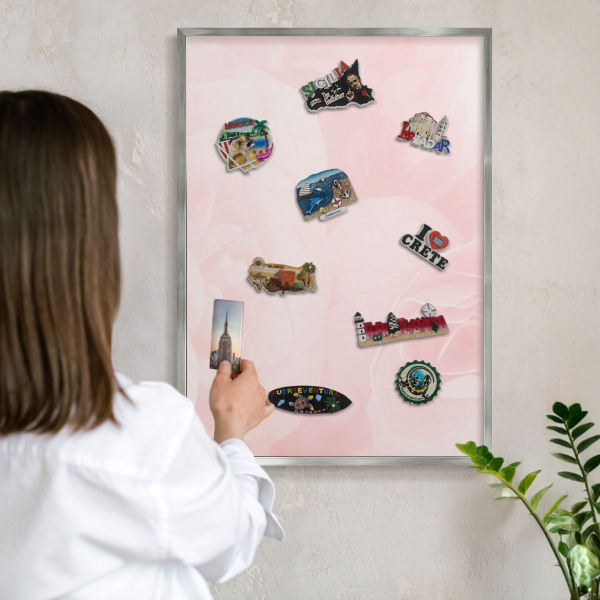 Tableau pour collection d'aimants cadre argenté Rose délicat