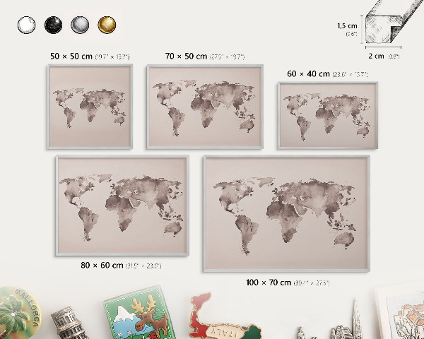 Tableau pour collection d'aimants cadre argenté Carte du monde