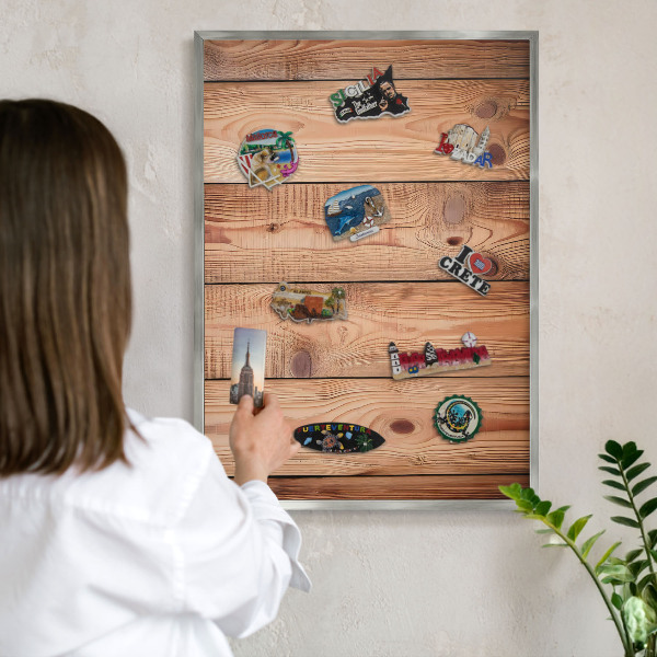 Tableau pour collection d'aimants cadre argenté Planches de bois