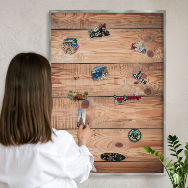 Tableau pour collection d'aimants cadre argenté Planches de bois