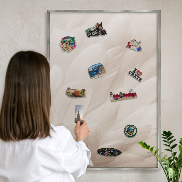 Tableau magnétique décoratif avec cadre argenté Plumes crème