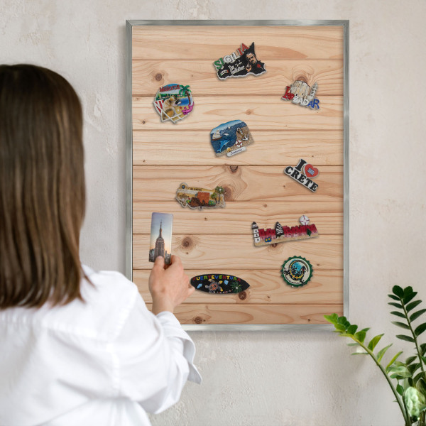 Tableau pour collection d'aimants cadre argenté Motif en bois