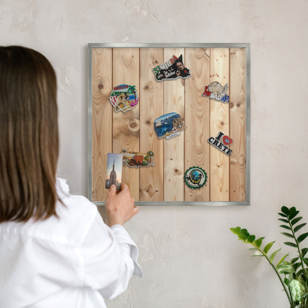Tableau pour collection d'aimants cadre argenté Planches de bois