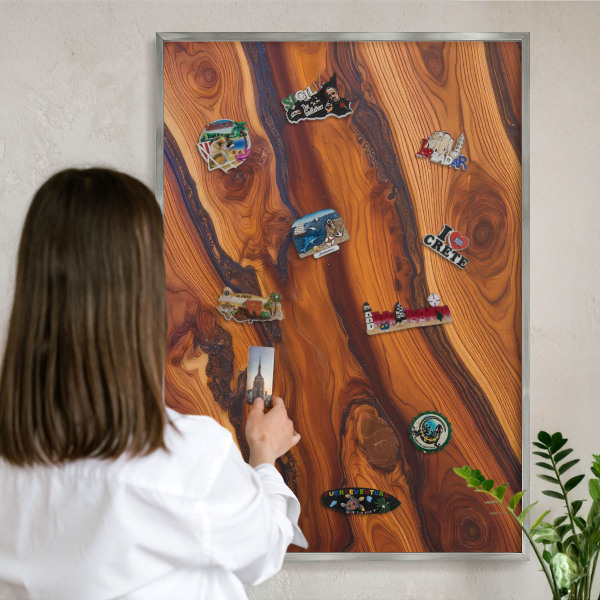 Tableau magnétique décoratif avec cadre argenté Anneaux en bois