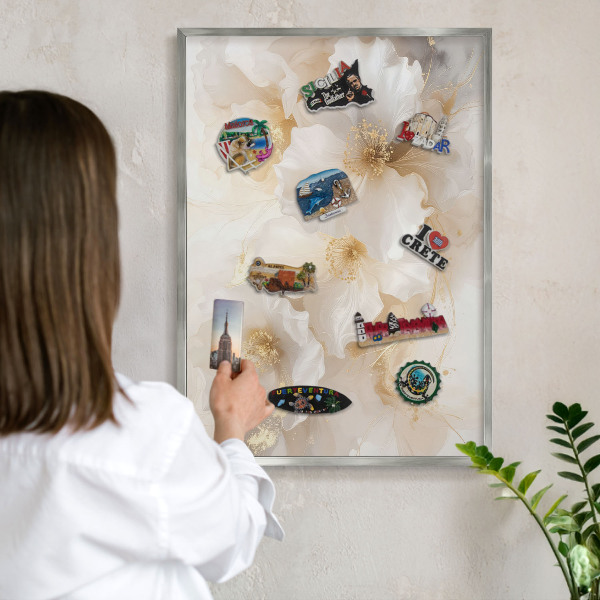 Tableau pour collection d'aimants cadre argenté Fleurs pastel
