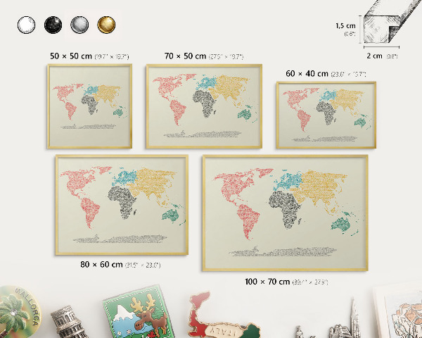 Tableau pour aimants cadre doré Carte du monde