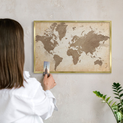 Tableau magnétique avec cadre de couleur dorée Carte du monde