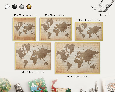 Tableau magnétique avec cadre de couleur dorée Carte du monde