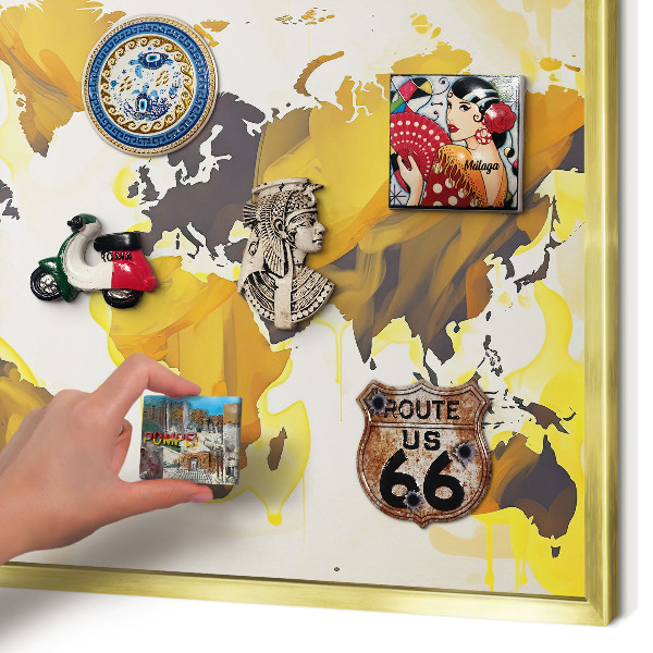 Tableau magnétique avec cadre de couleur dorée Carte du monde
