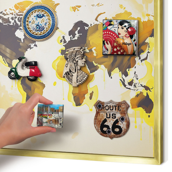 Tableau magnétique avec cadre de couleur dorée Carte du monde