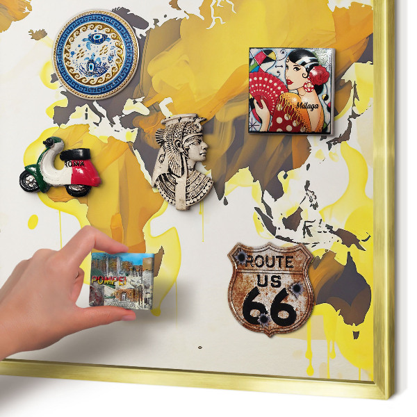 Tableau magnétique avec cadre de couleur dorée Carte du monde