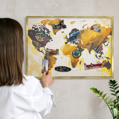 Tableau magnétique avec cadre de couleur dorée Carte du monde