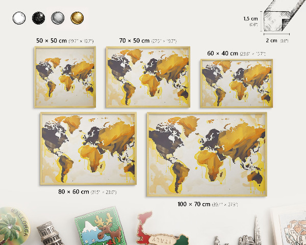 Tableau magnétique avec cadre de couleur dorée Carte du monde