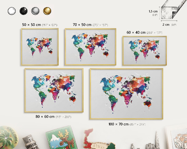 Tableau pour aimants cadre doré Carte du monde