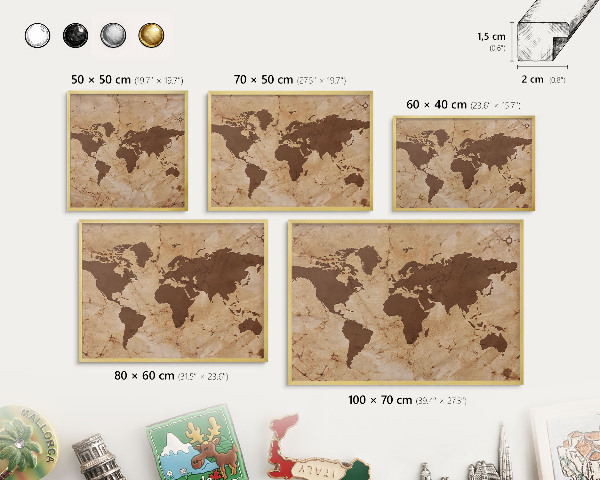 Tableau magnétique avec cadre de couleur dorée Carte du monde