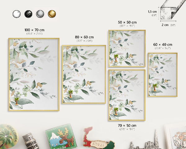 Tableau magnétique avec cadre de couleur dorée Feuilles vertes