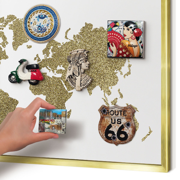 Tableau pour aimants cadre doré Carte du monde