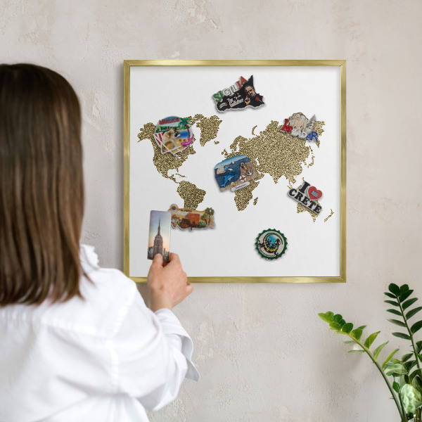Tableau pour aimants cadre doré Carte du monde