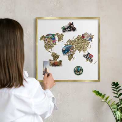 Tableau pour aimants cadre doré Carte du monde