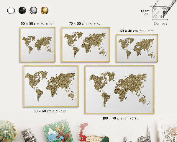 Tableau pour aimants cadre doré Carte du monde