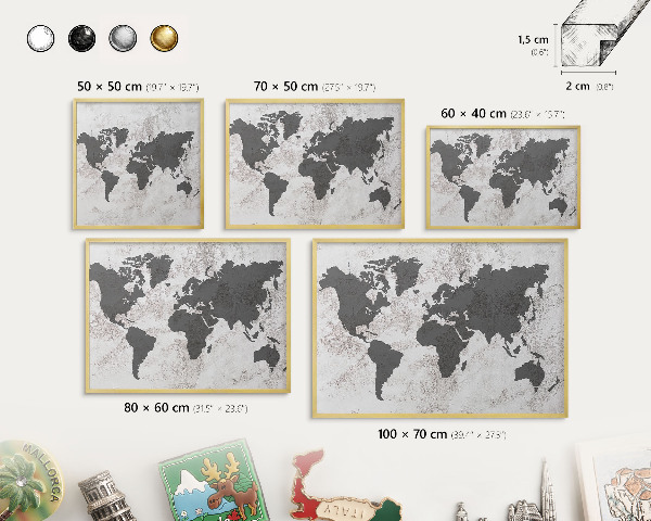 Tableau magnétique avec cadre de couleur dorée Carte du monde