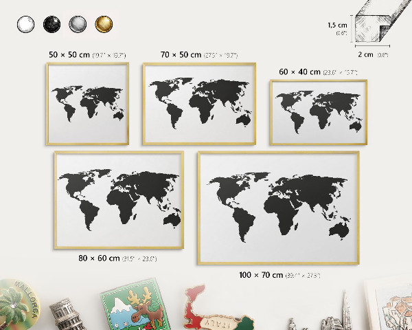Tableau magnétique avec cadre de couleur dorée Carte du monde