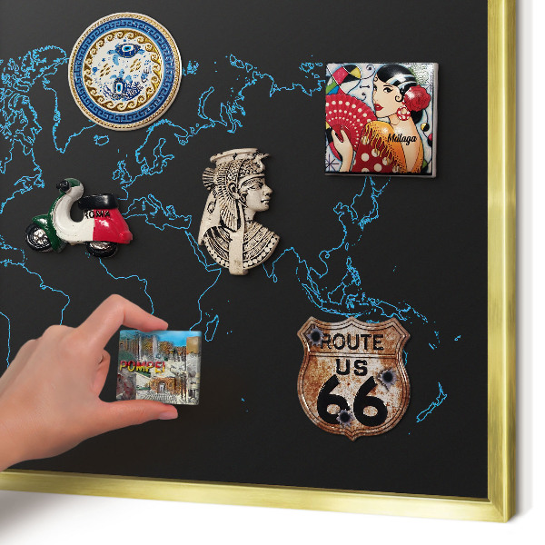 Tableau pour aimants cadre doré Carte du monde