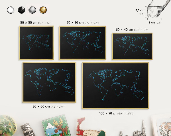 Tableau pour aimants cadre doré Carte du monde