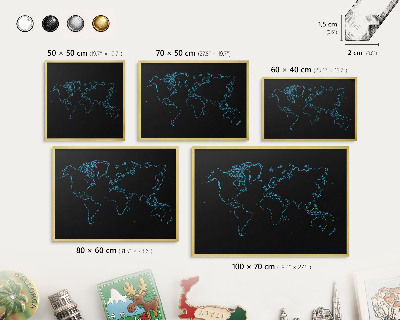 Tableau pour aimants cadre doré Carte du monde