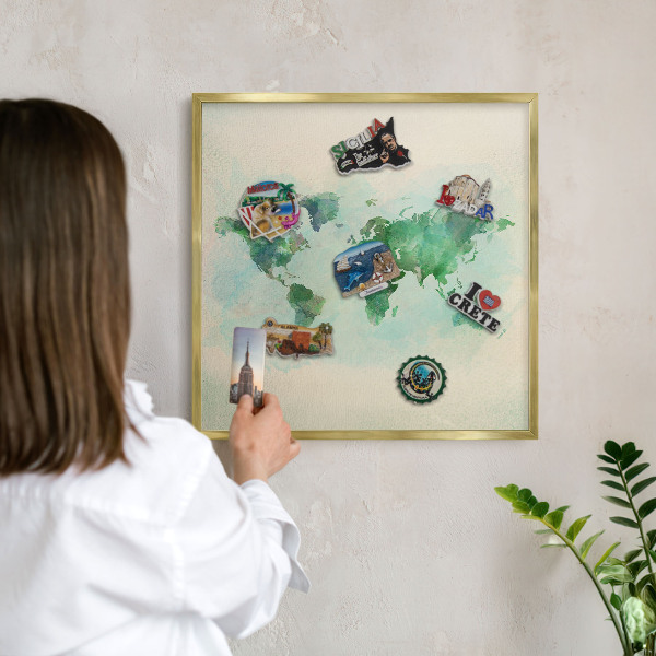 Tableau pour aimants cadre doré Carte du monde