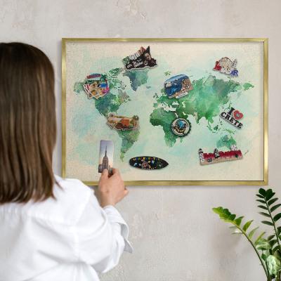Tableau pour aimants cadre doré Carte du monde