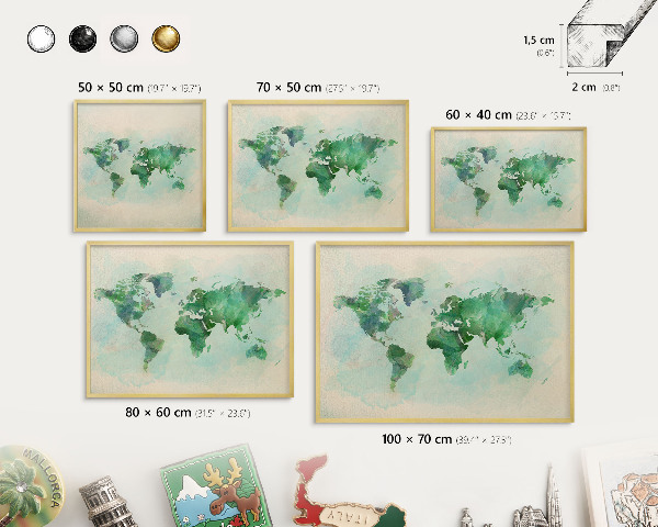 Tableau pour aimants cadre doré Carte du monde