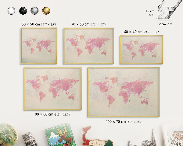 Tableau magnétique avec cadre de couleur dorée Carte du monde