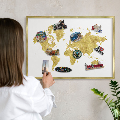 Tableau pour aimants cadre doré Carte du monde