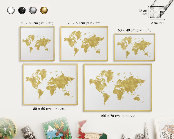 Tableau pour aimants cadre doré Carte du monde
