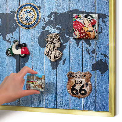 Tableau magnétique avec cadre de couleur dorée Carte du monde