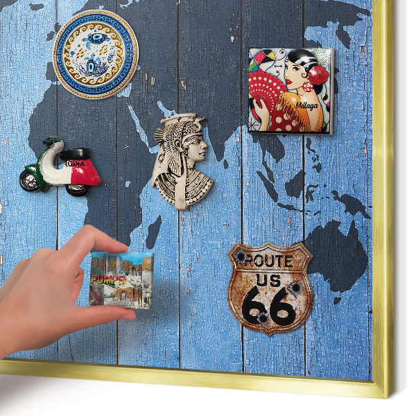 Tableau magnétique avec cadre de couleur dorée Carte du monde