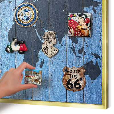Tableau magnétique avec cadre de couleur dorée Carte du monde