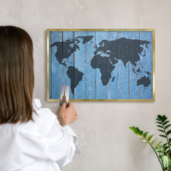 Tableau magnétique avec cadre de couleur dorée Carte du monde
