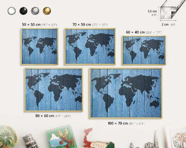 Tableau magnétique avec cadre de couleur dorée Carte du monde