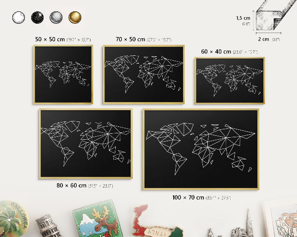 Tableau magnétique avec cadre de couleur dorée Carte du monde