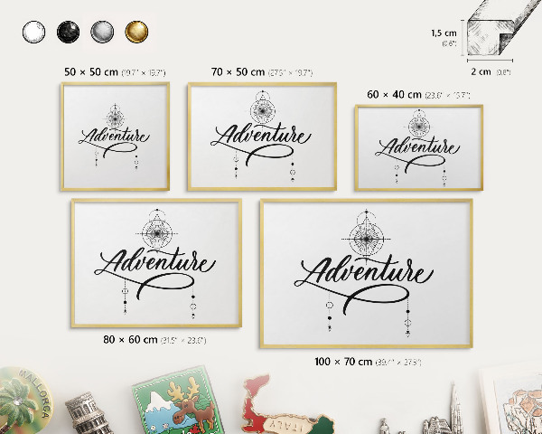 Tableau magnétique avec cadre de couleur dorée Aventure typographique